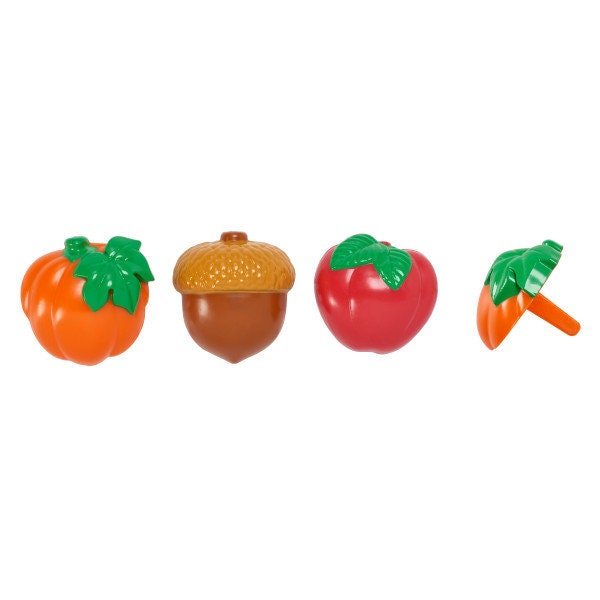 12 AUTUMN HARVEST Cupcake Rings Acorn Apple Pumpkin Fall Cake Toppers Birthday Party Decoration