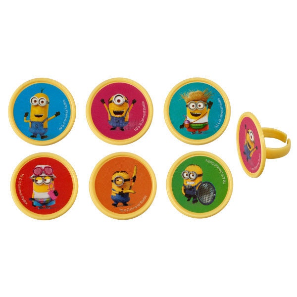 12 MINIONS DESPICABLE ME Cupcake Rings Mayhem Cake Toppers Birthday Party Decoration