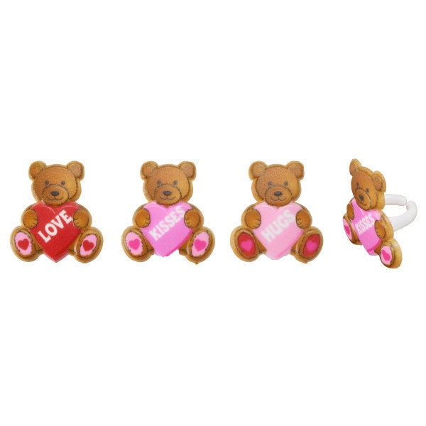12 VALENTINE TEDDY BEARS Cupcake Rings Heart Love Kisses Xoxo Cake Toppers Birthday Party Decoration Craft Supply