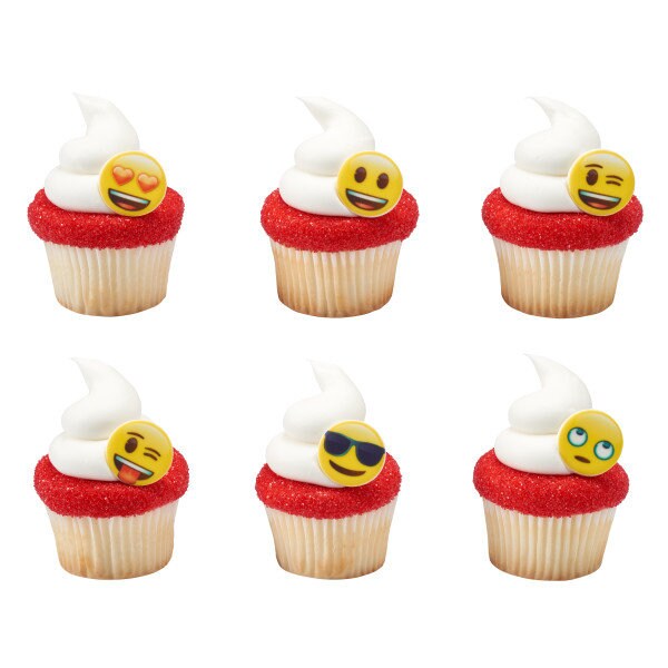 12 EMOJI Cupcake Rings Icons Faces Cake Toppers Birthday Party Decoration Craft Supply