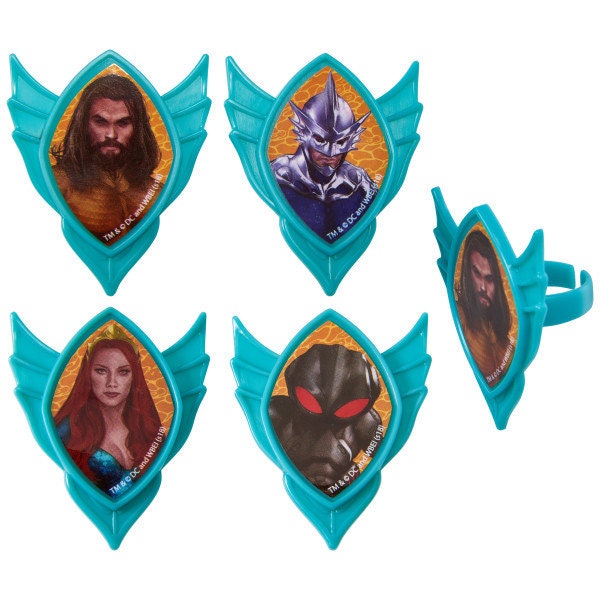 12 AQUAMAN Cupcake Rings Quest Movie Cake Toppers Birthday Party Decoration Picks Craft Supply
