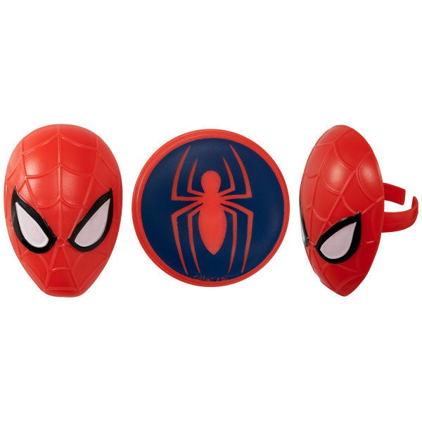 12 SPIDERMAN Cupcake Rings Spider and Mask Marvel Comics Cake Toppers Birthday Party Decoration Picks Spider-Man Craft Supply