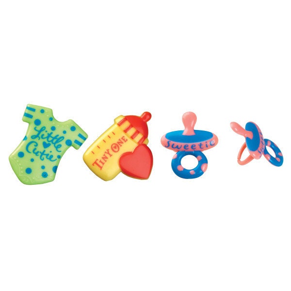 12 BABY SYMBOLS Cupcake Rings Baby Shower Bottle Pacifier Gender Reveal Cake Toppers Party Decoration Craft Supply