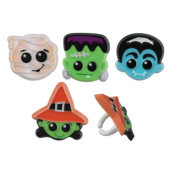 12 HALLOWEEN CHARACTERS Cupcake Rings Birthday Frankenstein Mummy Witch Vampire Cake Toppers Party Decoration Picks Craft Supply