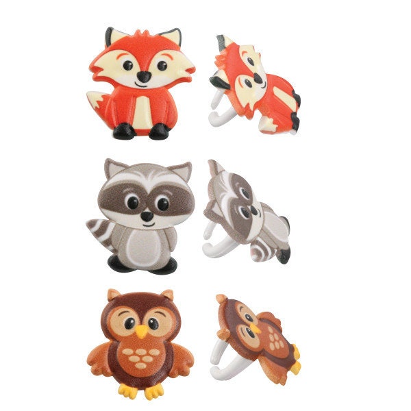 12 WOODLAND ANIMALS Cupcake Rings Birthday Raccoon Fox Owl Cake Toppers Party Decoration Picks Craft Supply