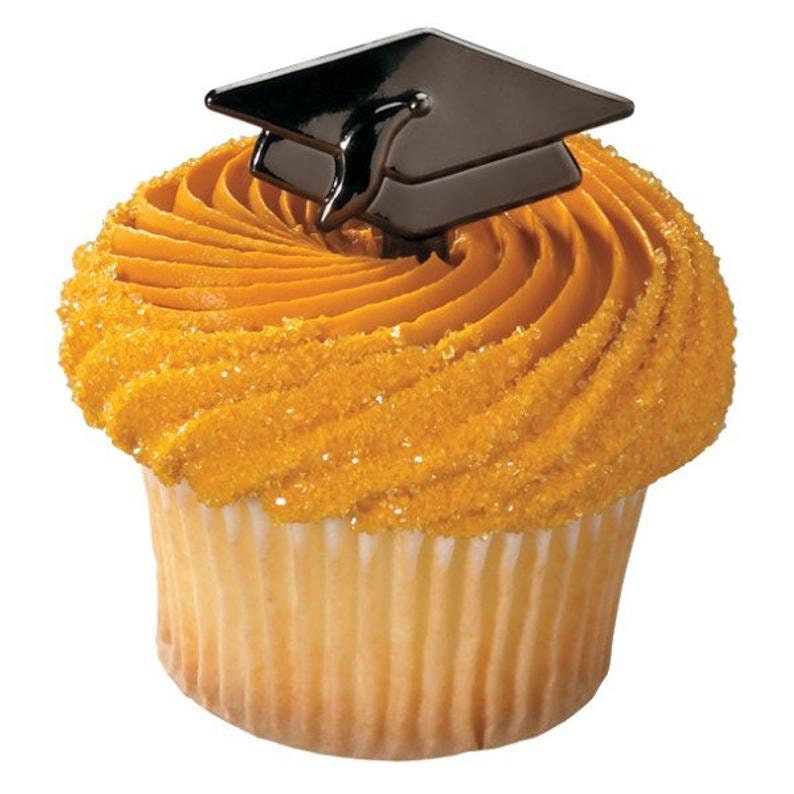 12 Black Graduation Cupcake Picks Metallic Hat Grad Toppers Party Diploma Cap Craft Supply