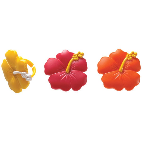 12 HIBISCUS FLOWER Cupcake Rings Cake Toppers Hawaiian Beach Wedding Party Decoration