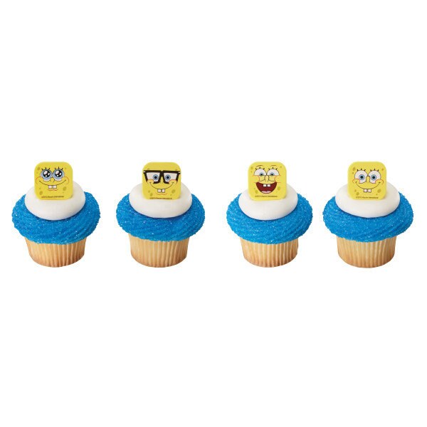 12 SPONGEBOB SQUAREPANTS Cupcake Rings Mood Faces Cake Toppers Birthday Party Decoration Craft Supply