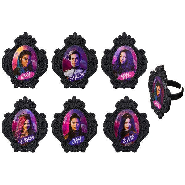 DESCENDANTS 3 Cupcake Rings (12) Carlos Evie Movie So Not Ordinary Cake Toppers Birthday Party Decoration