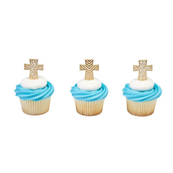 12 GOLD CROSS ASSORTMENT Cupcake Picks Baptism Easter Christian Jesus Church Religious Cake Toppers Rings Party Decoration Craft Supply