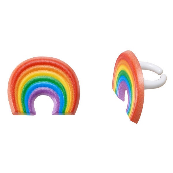 12 RAINBOW Cupcake Rings Fantasy Pride Cloud Mystic Cake Toppers Birthday Party Decoration Craft Supply