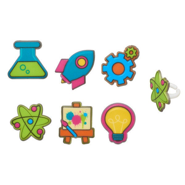 12 STEM ICON Cupcake Rings Rocket Science Mathematics Lightbulb Cake Toppers Birthday Party Decoration Craft Supply
