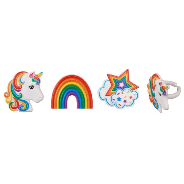 UNICORN ASSORTMENT Cupcake Rings (12) Rainbow Fantasy Cake Toppers Birthday Party Decoration