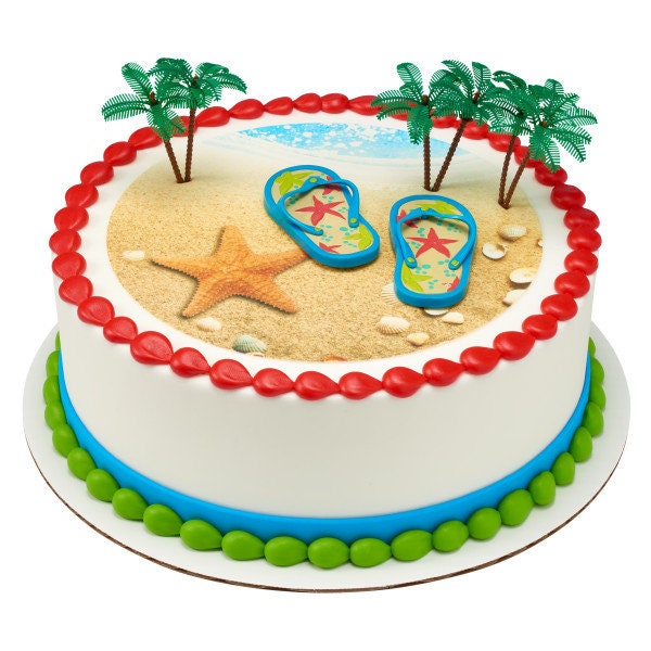 SUMMER FLIP FLOPS Cake Topper Palm Tree Beach Sand Party Vacation Cake Decoration Decoset Craft Supply