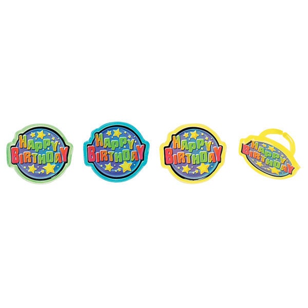 HAPPY BIRTHDAY Cupcake Rings (12) Assortment Gift Cake Toppers Birthday Party Decoration Picks Craft Supply
