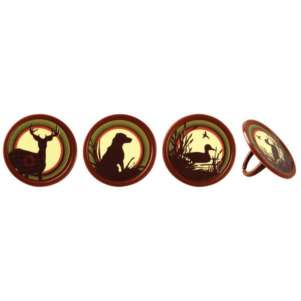 12 HUNTING Cupcake Rings Assortment Bucks Ducks Dog Deer Hunters Cake Toppers Birthday Party Decoration Picks
