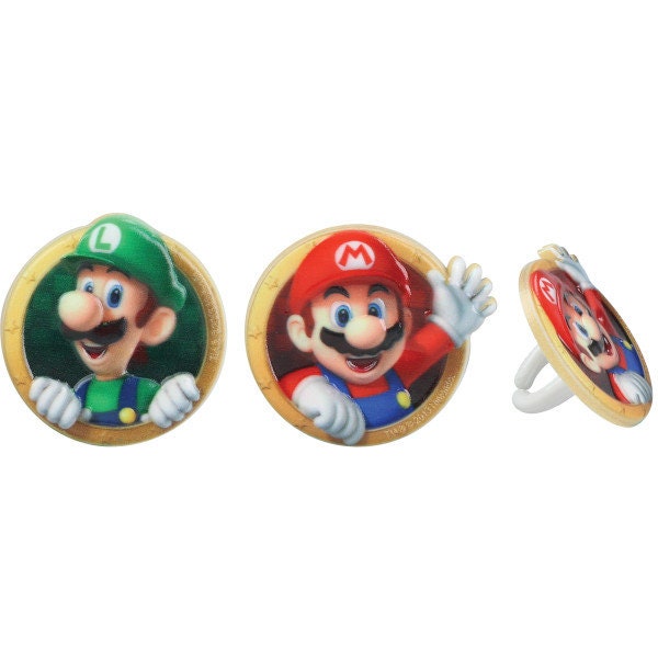 SUPER MARIO Cupcake Rings (12) Mario Luigi Nintendo Classic Cake Toppers Birthday Party Decoration Picks Craft Supply