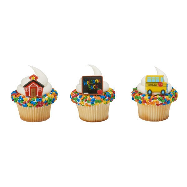 12 SCHOOL ICONS Cupcake Rings School Bus House Welcome Picks Cake Toppers Decoration Party Craft Supply