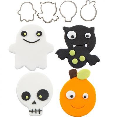 Cutie Cupcake Halloween Cutter Set - Bat, Ghost, Skull, Pumpkin -- For cakes, cupcakes, and cookies. Fondant OR Gumpaste Craft Supply