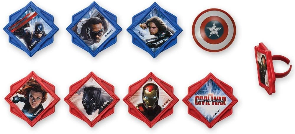 CAPTAIN AMERICA Civil War Divided Cupcake Rings (12) Marvel Comics Ironman Movie Cake Toppers Birthday Party Decoration Craft Supply
