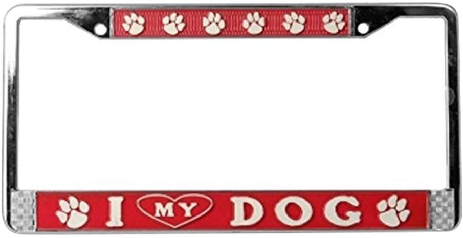 I LOVE MY DOG Metal License Plate Frame - Dog Lover Paw Prints Pet Heart