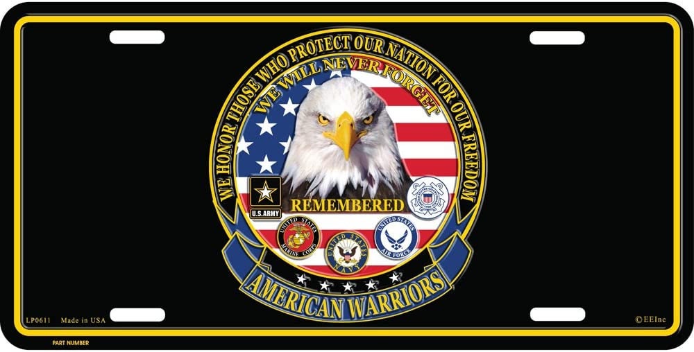 AMERICAN WARRIORS Military Metal License Plate - Nations Freedom Patriotic Military Navy Marines Army Coast Guard Craft Supply