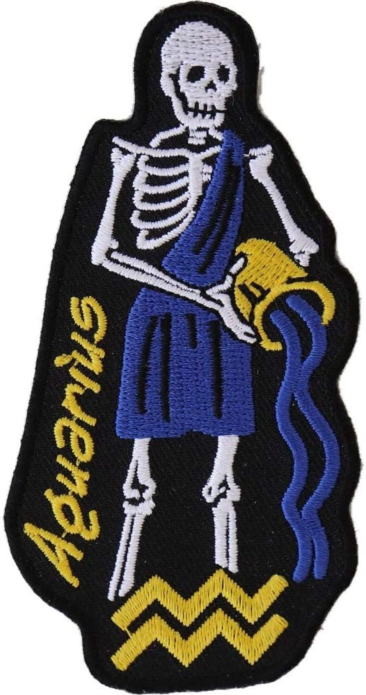 AQUARIUS Skull Zodiac Sign Patch - Embroidered Patch Appliqué Craft Supply