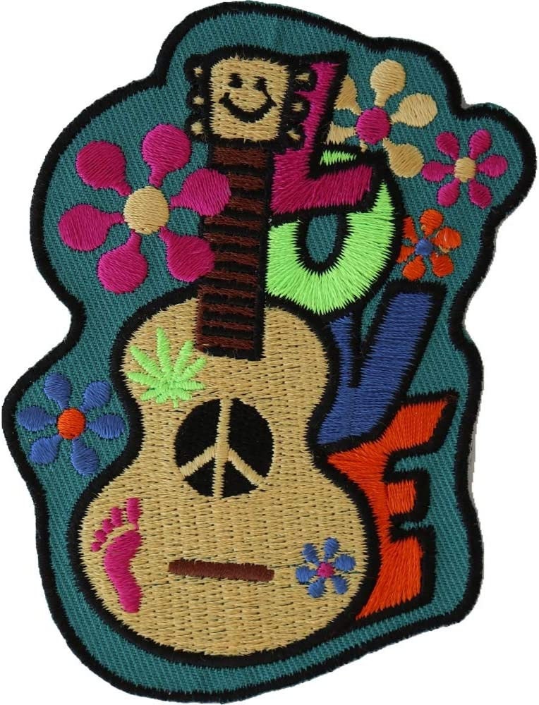 Love Guitar Patch - Retro Peace Sign Hippie Love Guitar Embroidered Patch Craft Supply
