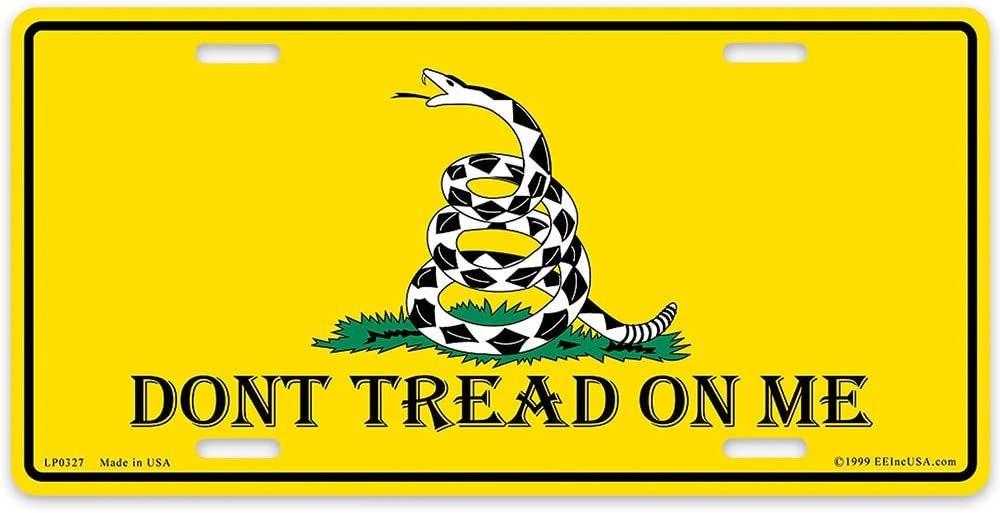 Dont Tread On Me Yellow Metal License Plate - Patriotic American Military 2nd Amendment Gadsden
