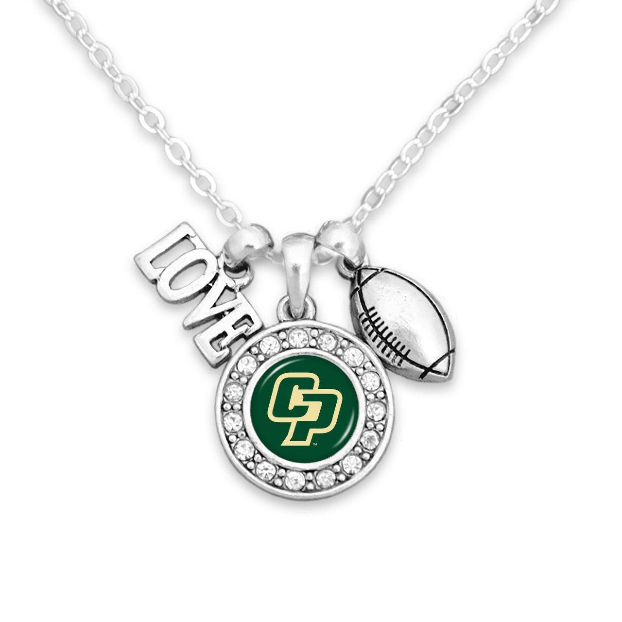 Officially Licensed CAL POLY MUSTANGS Necklace with Football, Love and Logo Pewter Charms Sterling Plated - California Polytechnic State