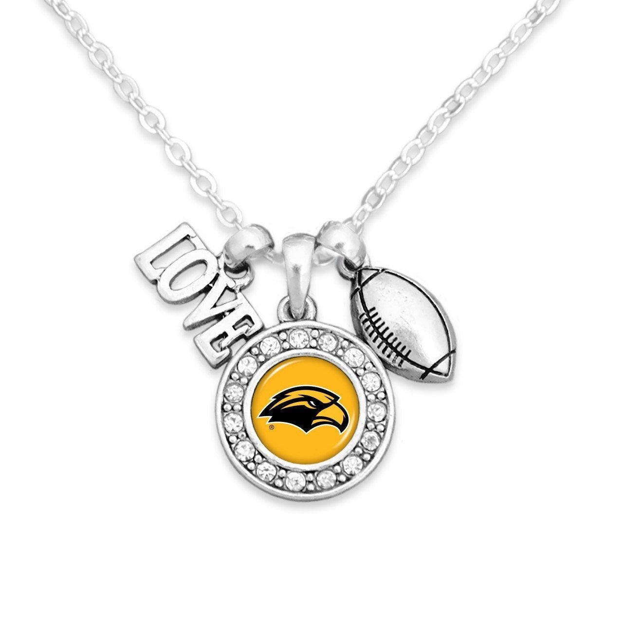 Officially Licensed SOUTHERN MISSISSIPPI Necklace with Football, Love and Logo Pewter Charms Sterling Plated - Golden Eagles Football