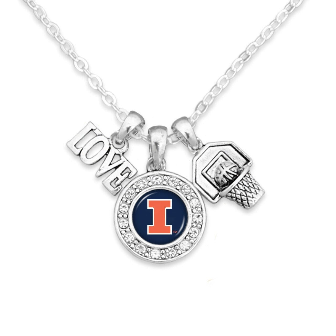 Officially Licensed ILLINOIS FIGHTING ILLINI Necklace with Basketball, Love and Logo Pewter Charms Sterling Plated - University of Illinois
