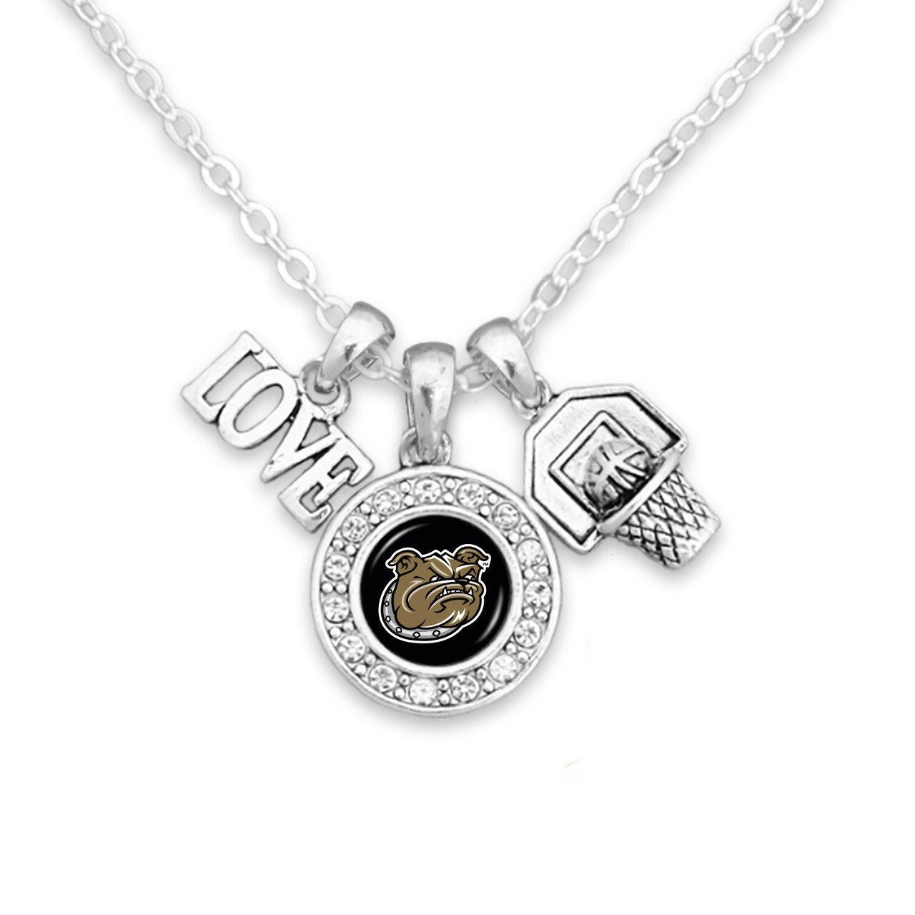Officially Licensed BRYANT BULLDOGS Necklace with Basketball, Love and Logo Pewter Charms Sterling Plated - Bryant University