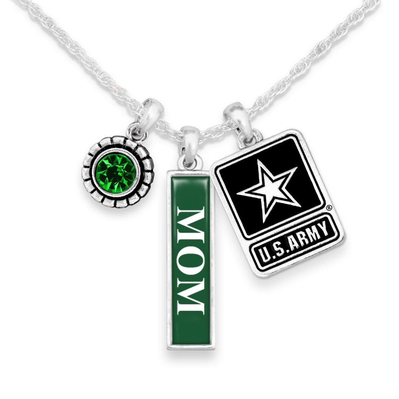 Officially Licensed U.S. ARMY 3 Charm Necklace for Mom - ARMY Mom Triple Charm Vertical Necklace with Pewter Charms Sterling Plated