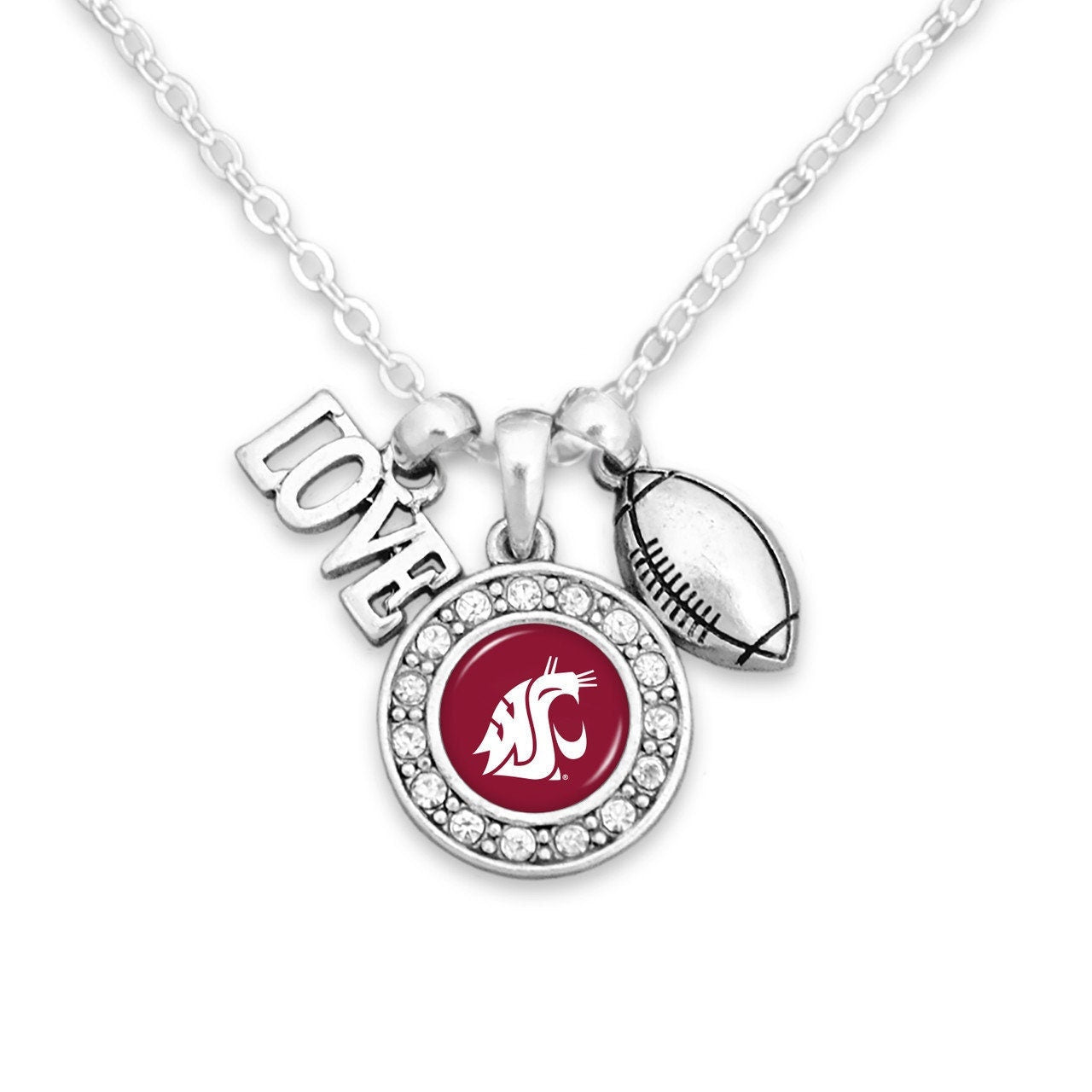 Officially Licensed WASHINGTON STATE COUGARS Necklace with Football, Love and Logo Pewter Charms Sterling Plated - Washington State Univ