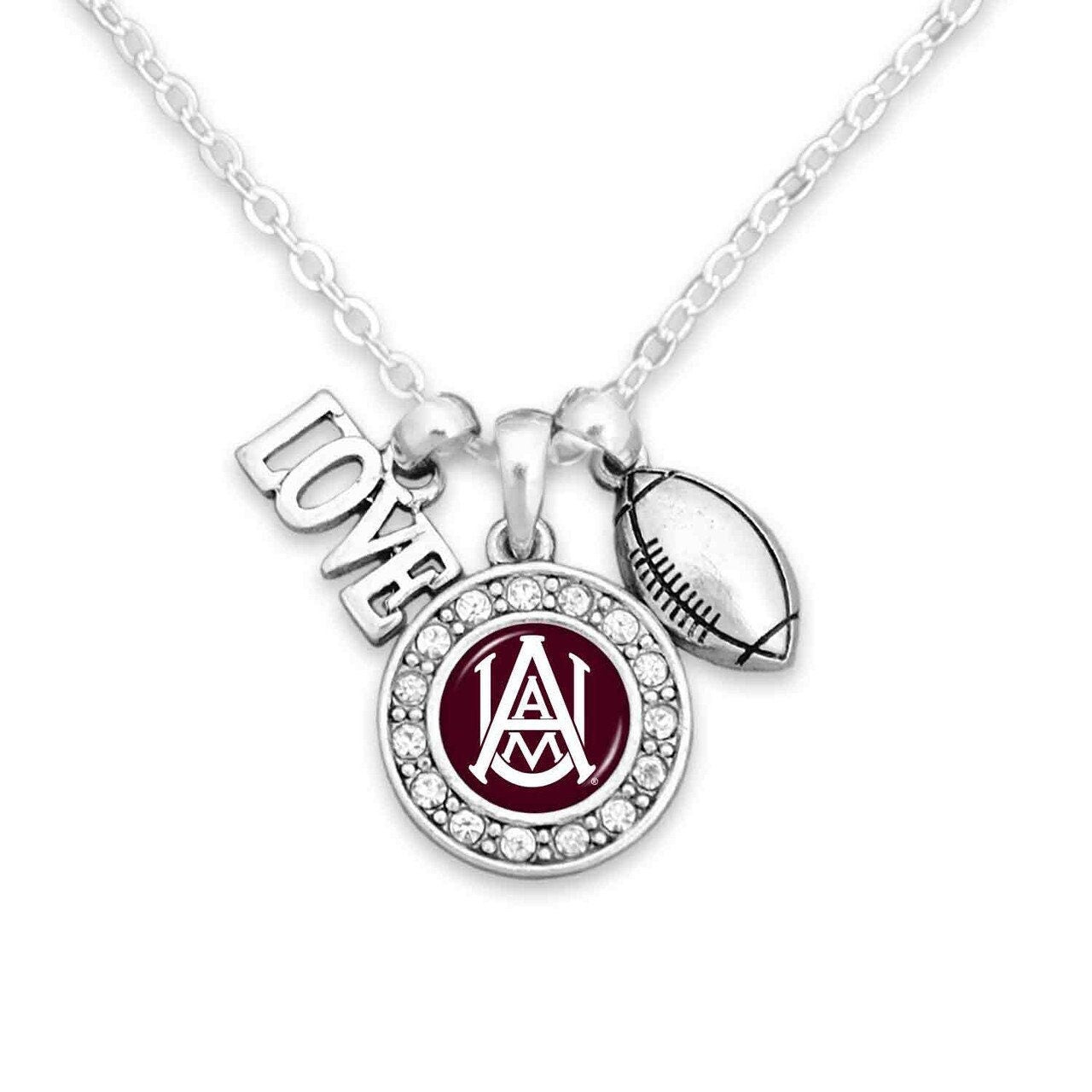 Officially Licensed ALABAMA A&M BULLDOGS Necklace with Football, Love and Logo Pewter Charms Sterling Plated - Agricultural and Mechanical