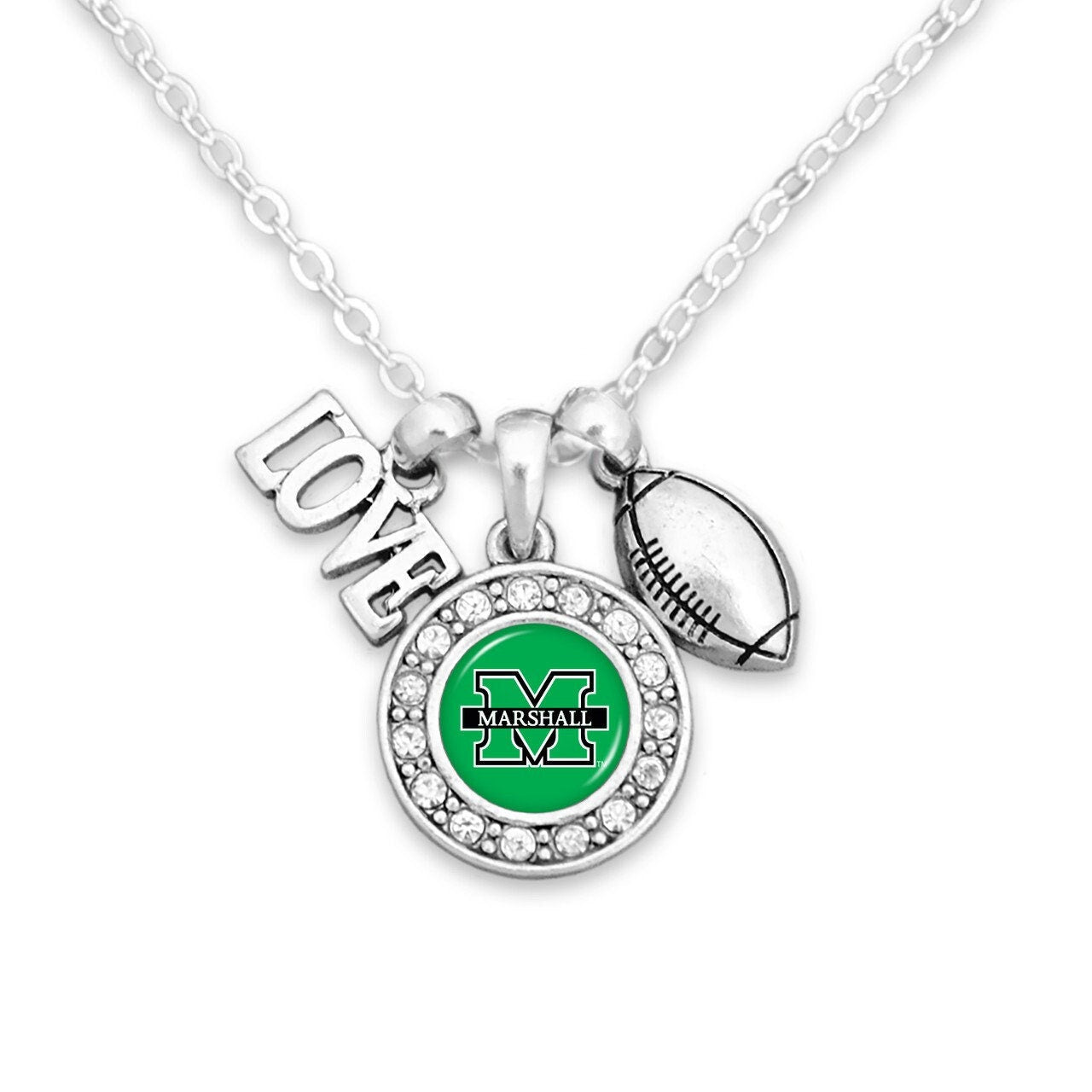Officially Licensed MARSHALL THUNDERING HERD Necklace with Football, Love and Logo Pewter Charms Sterling Plated - Marshall University