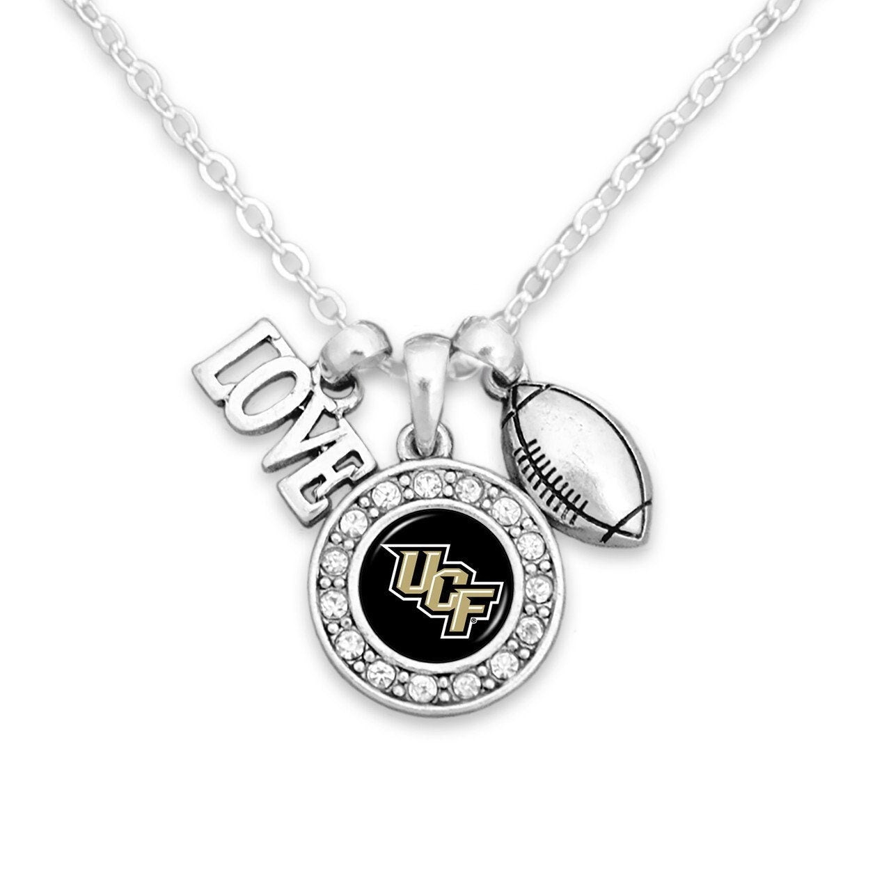 Officially Licensed CENTRAL FLORIDA KNIGHTS Necklace with Football, Love and Logo Pewter Charms Sterling Plated - Univ of Central Florida