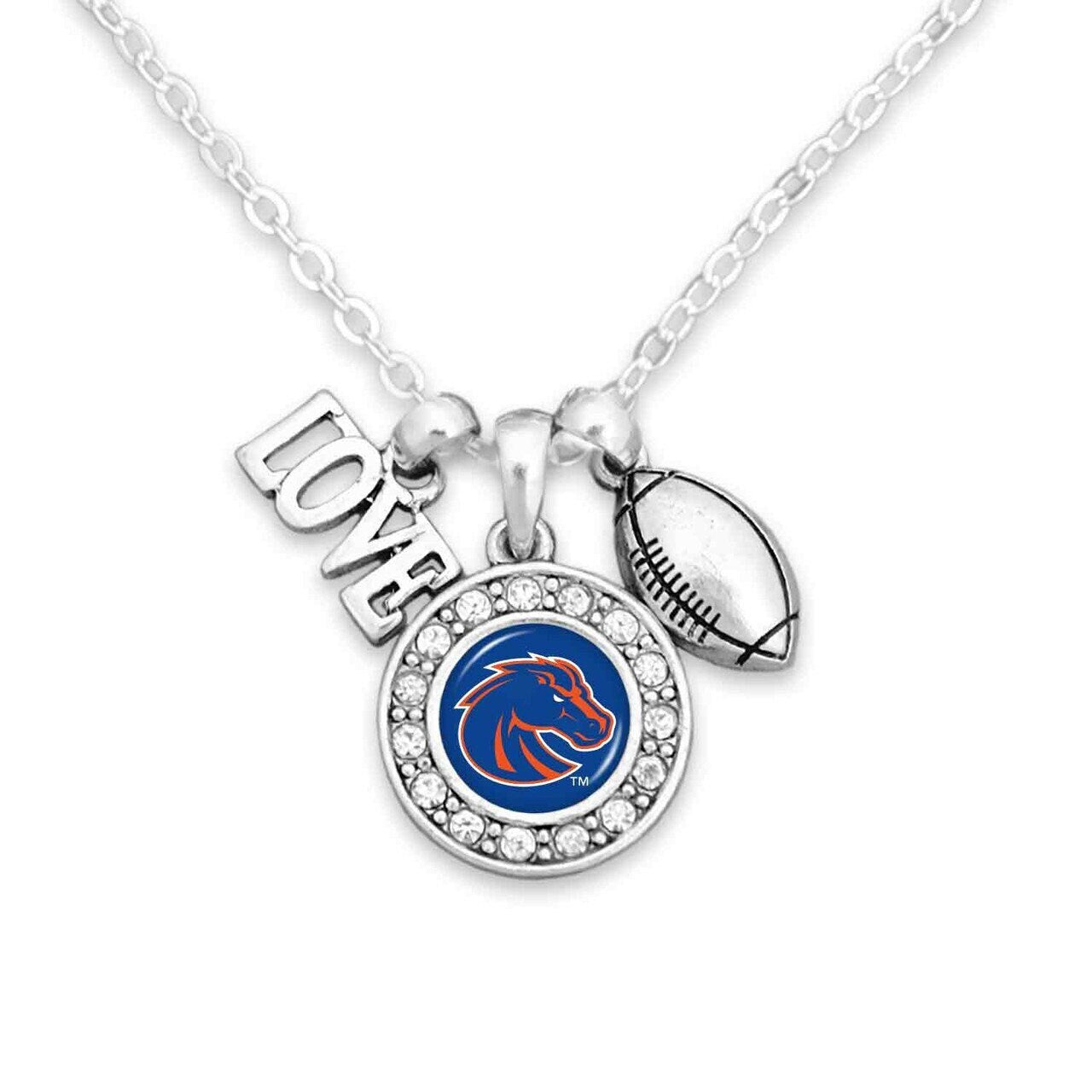 Officially Licensed BOISE STATE BRONCOS Necklace with Football, Love and Logo Pewter Charms Sterling Plated - Boise State University