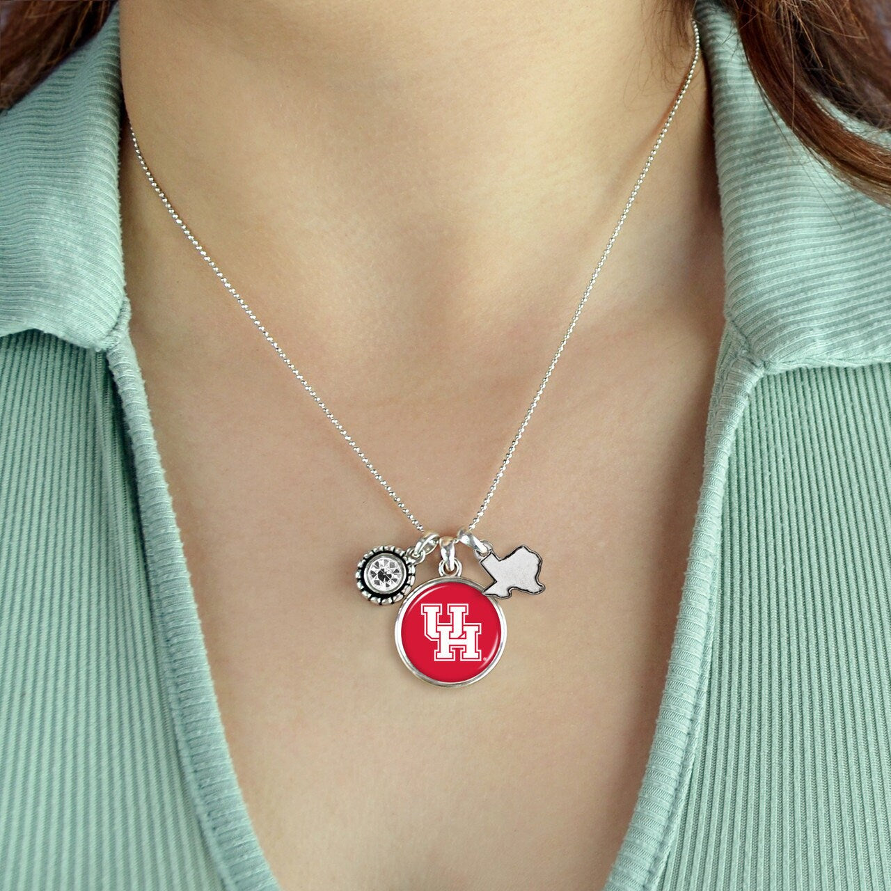 Officially Licensed HOUSTON COUGARS Necklace - Triple Charm Necklace with Crystal and Texas State Pewter Charms Sterling Plated