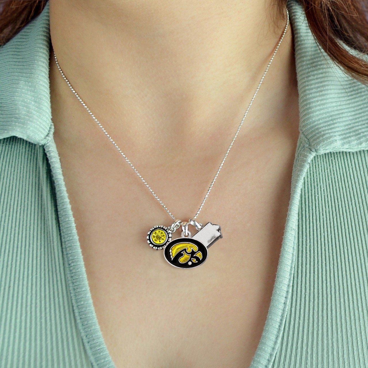 Officially Licensed IOWA HAWKEYES Necklace - Triple Charm Necklace with Crystal Iowa State Pewter Charms Sterling Plated