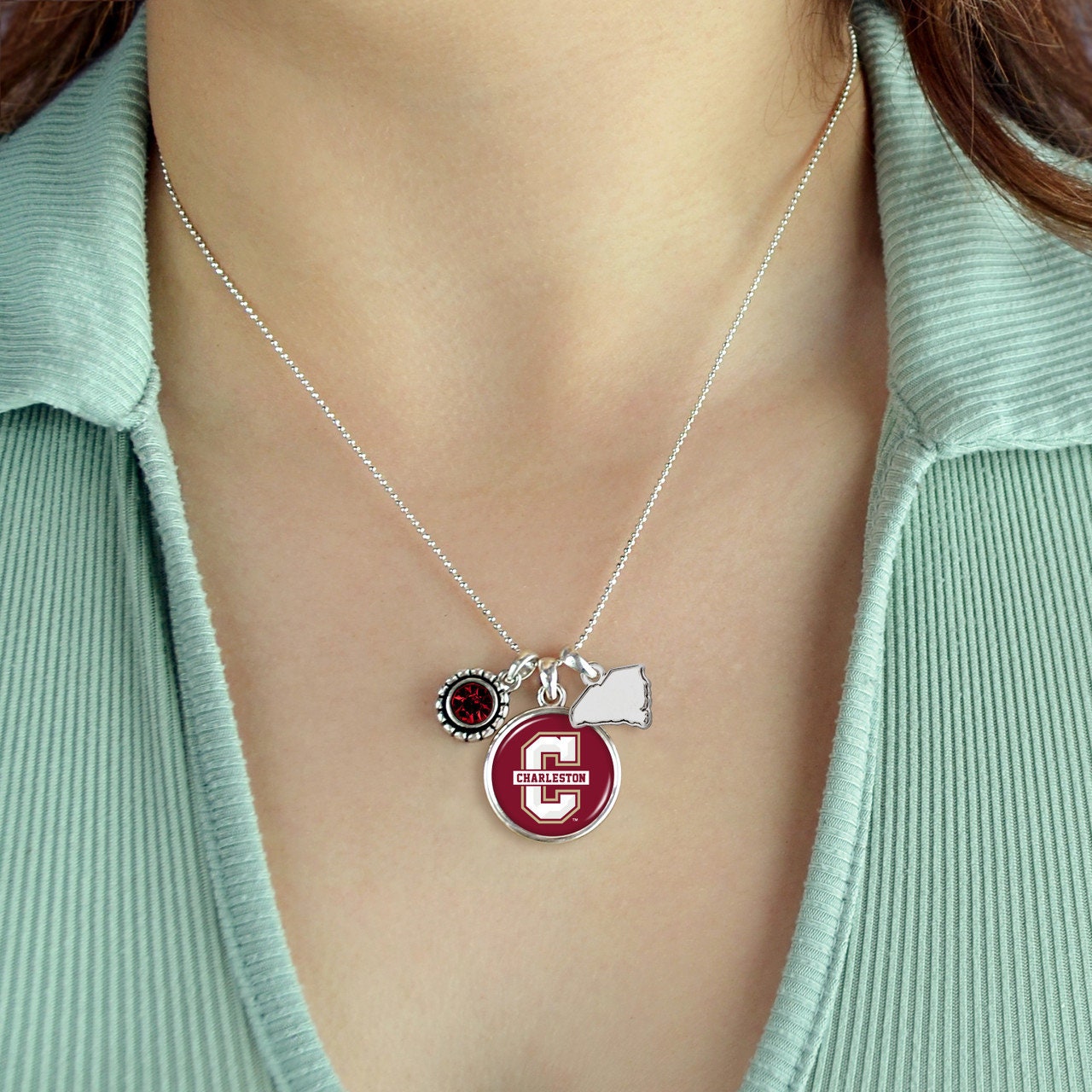 Officially Licensed CHARLESTON COUGARS Necklace - Triple Charm Necklace with Crystal Utah State Pewter Charms Sterling Plated