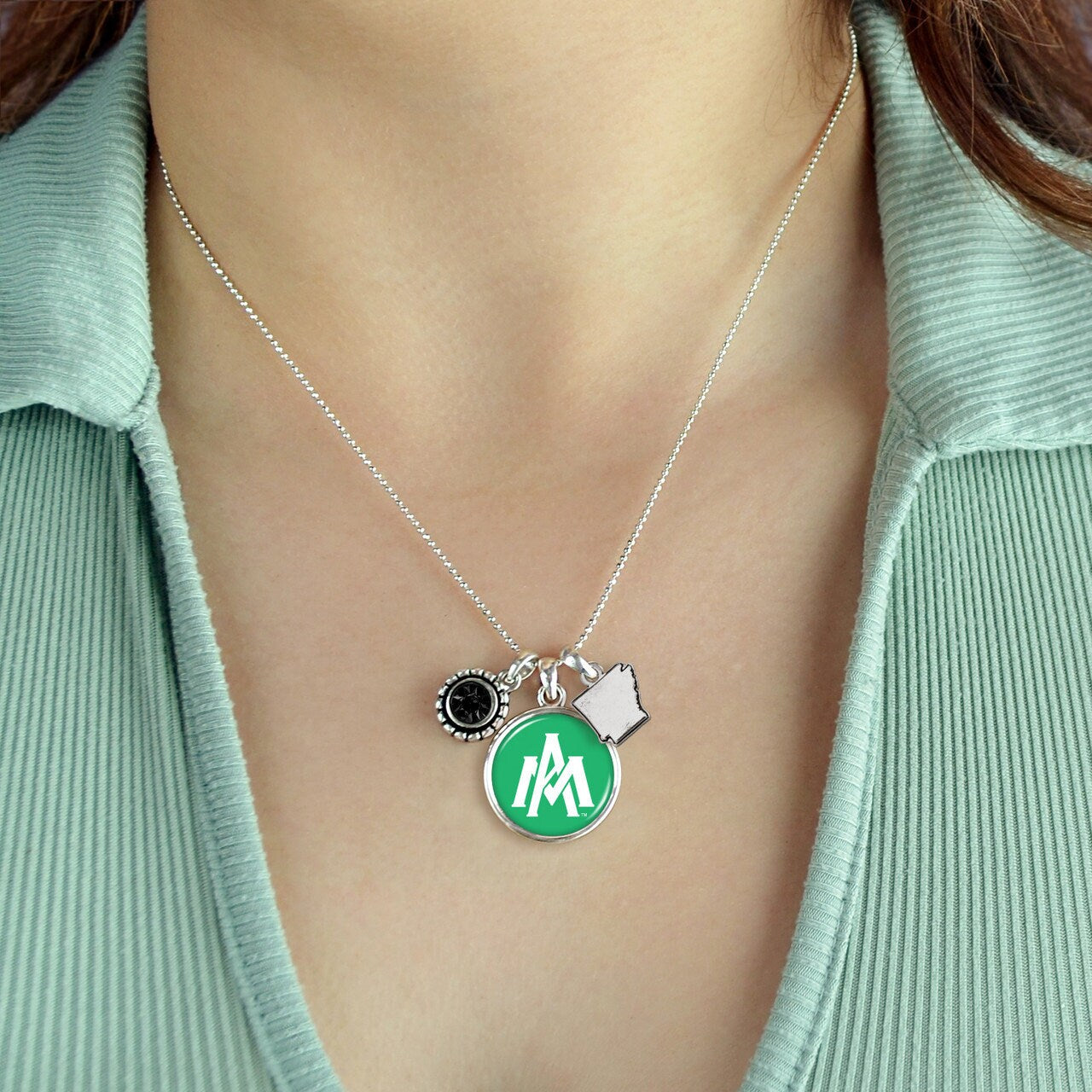 Officially Licensed ARKANSAS MONTICELLO Boll Weevils Necklace - Triple Charm Necklace Crystal Arkansas State Pewter Charms Sterling Plated