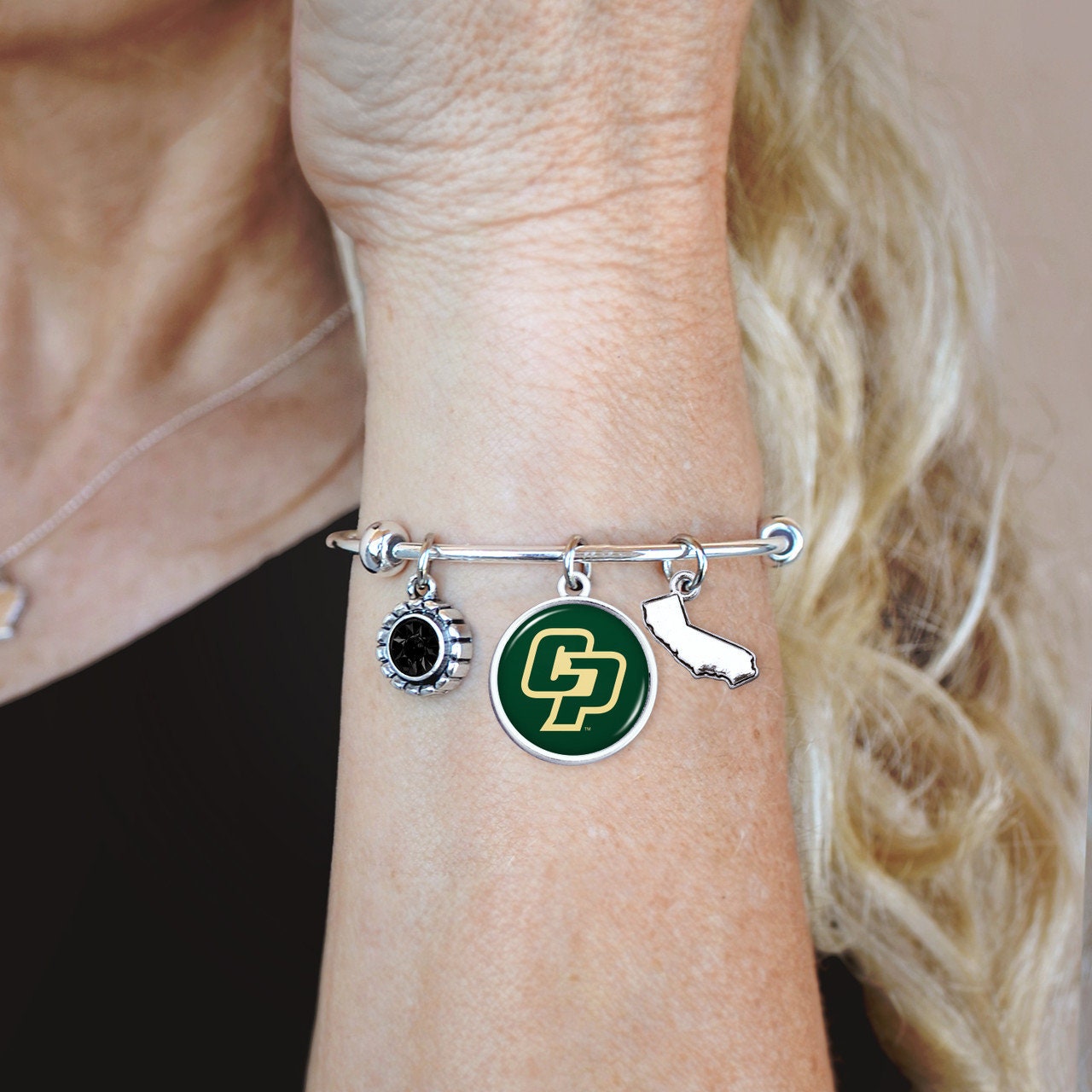 Officially Licensed CAL POLY MUSTANGS Bracelet - Triple Charm Bracelet with Crystal California State Pewter Charms Sterling Plated