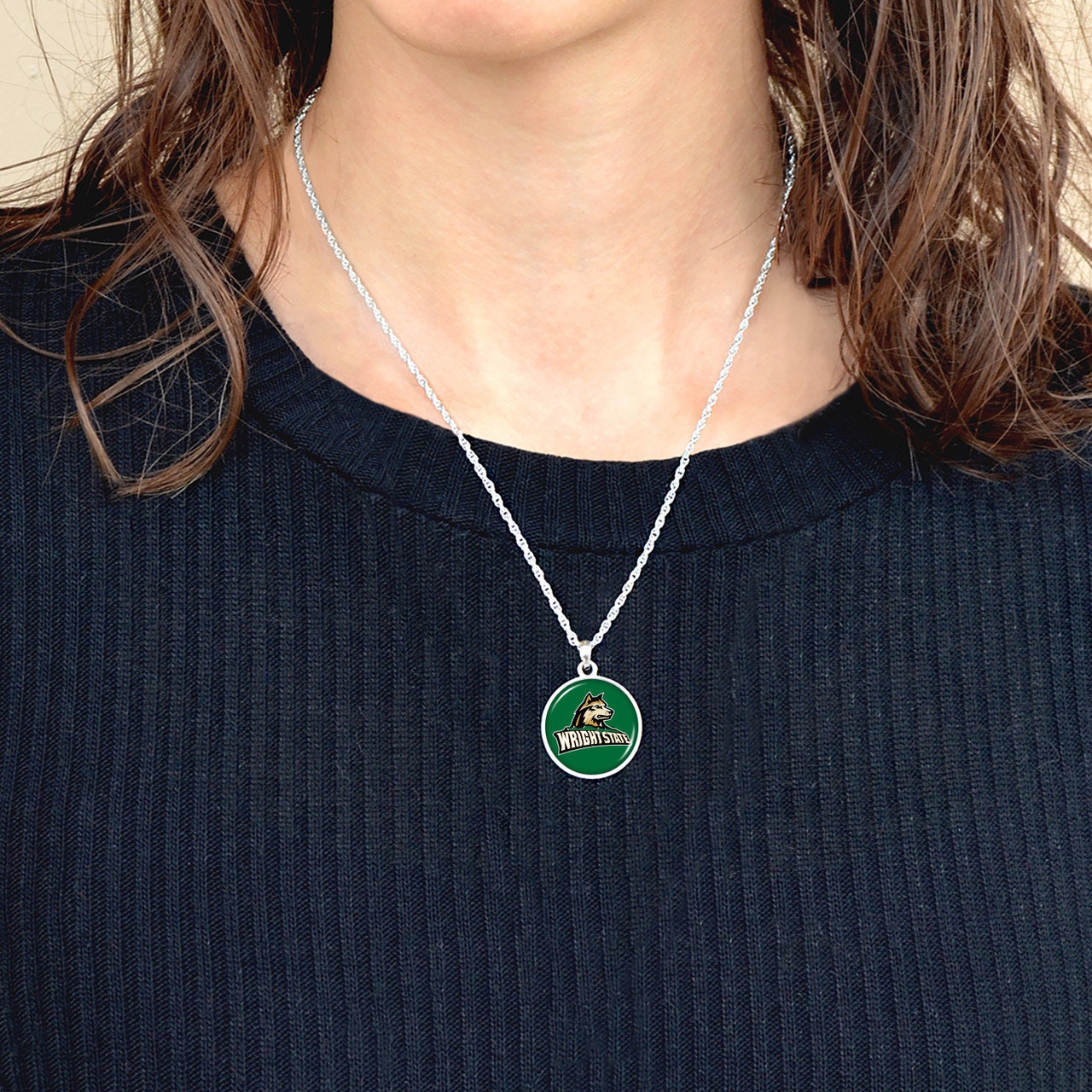 Officially Licensed WRIGHT STATE RAIDERS Necklace - Pewter Charm Sterling Plated - Wright State University