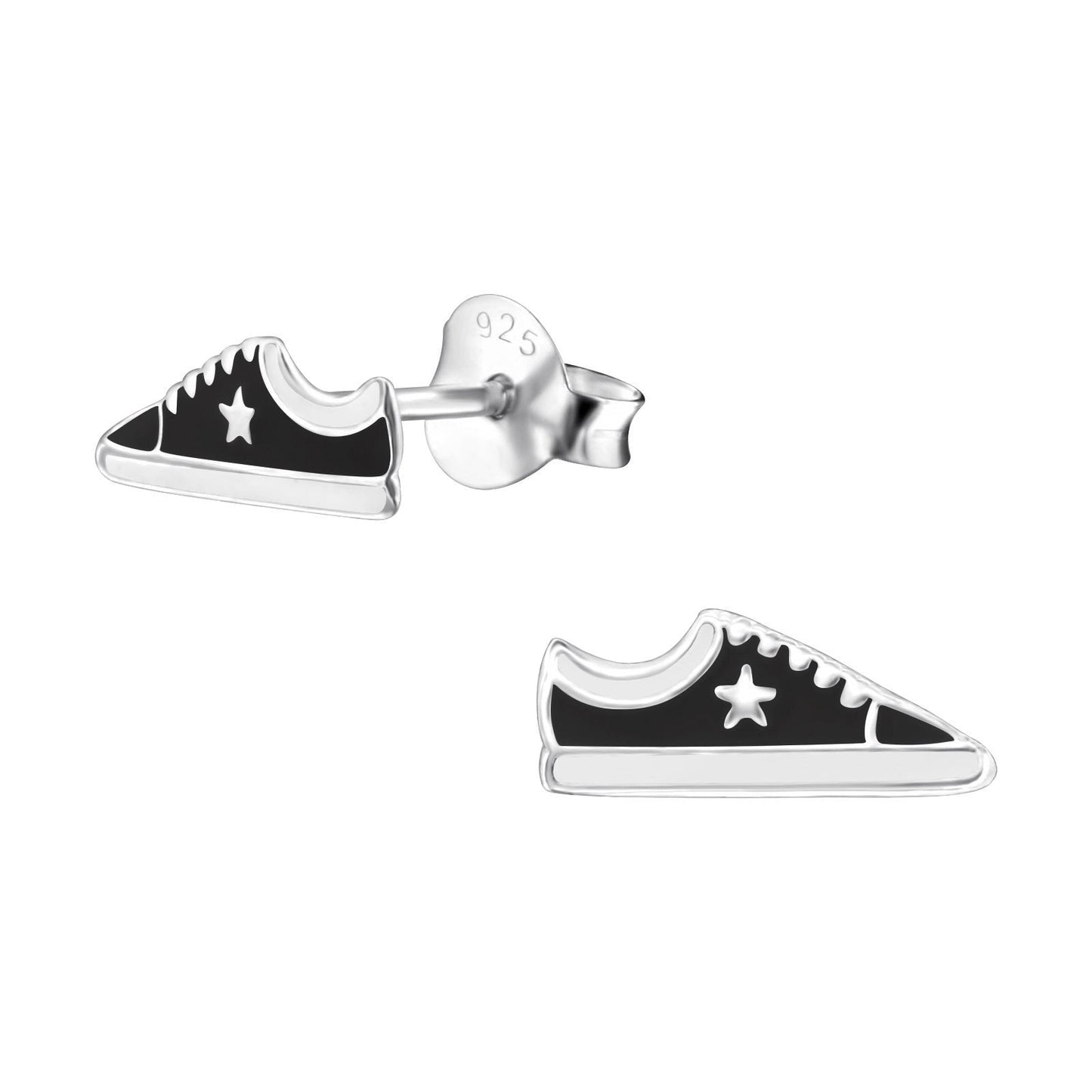 925 Sterling Silver Earrings Black Sneaker - Ear Studs with Backing - Tennis Shoe with Star Sneaker - Hypoallergenic Earrings