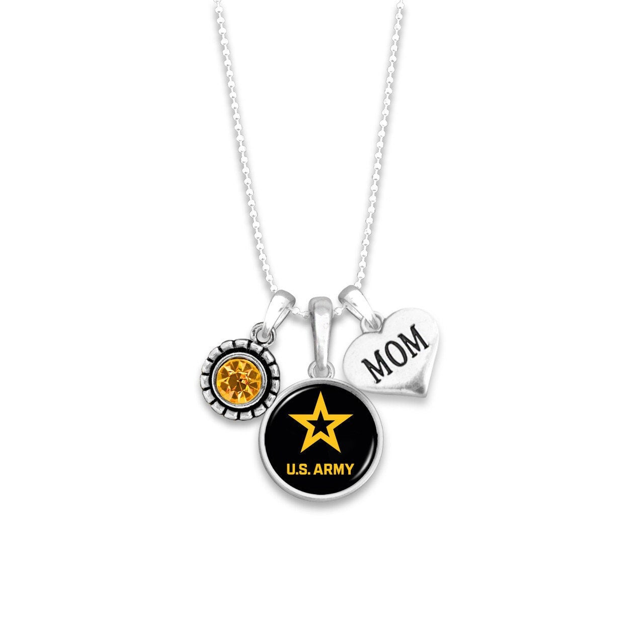 Officially Licensed U.S. ARMY Necklace for Mom - ARMY Mom Triple Charm Necklace with Crystal and Pewter Charms Sterling Plated