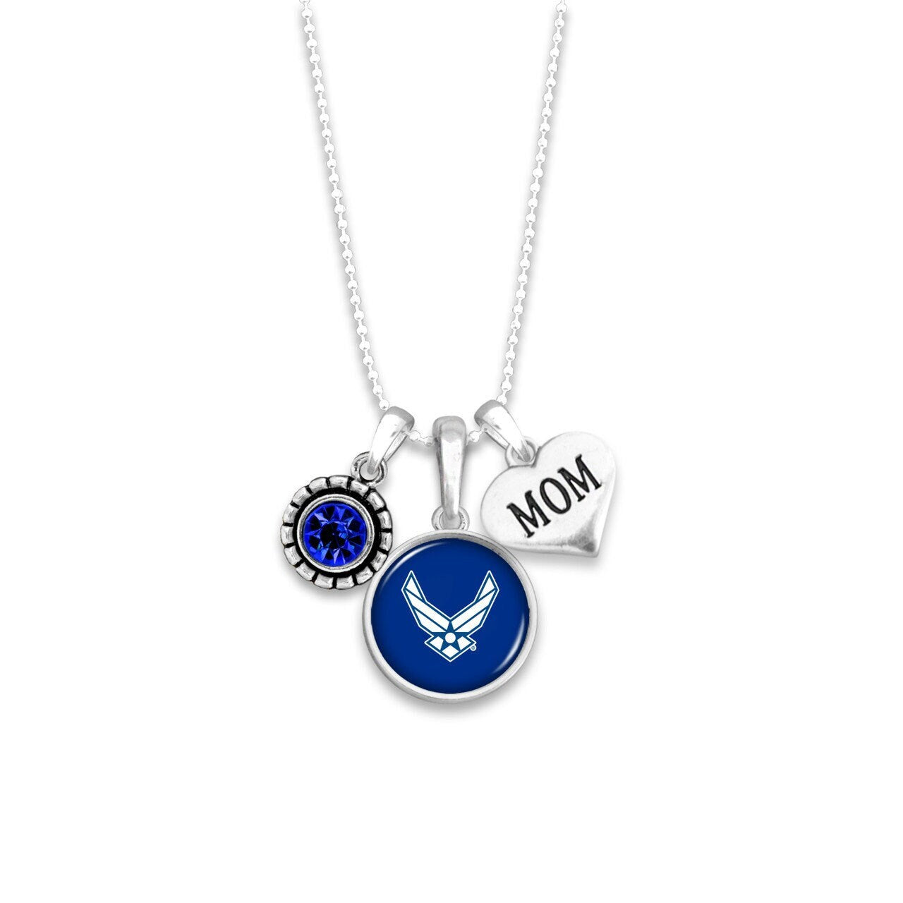 Officially Licensed U.S. AIR FORCE Necklace for Mom - USAF Mom Triple Charm Necklace with Blue Crystal and Pewter Charms Sterling Plated