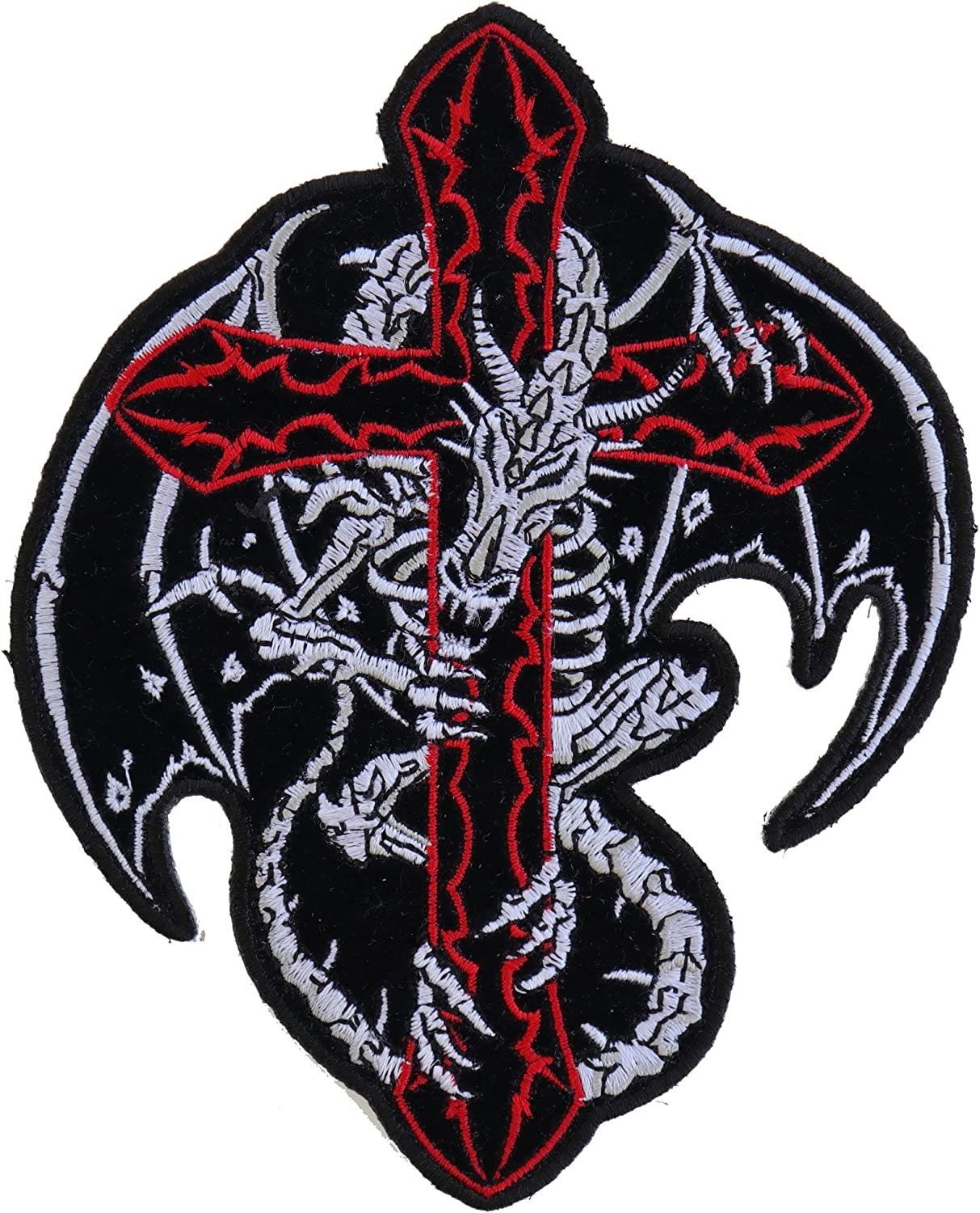 Dragon Skeleton Cross Patch Medium - 4.5x5.5 inch - Biker Embroidered Patch Appliqué Craft Supply