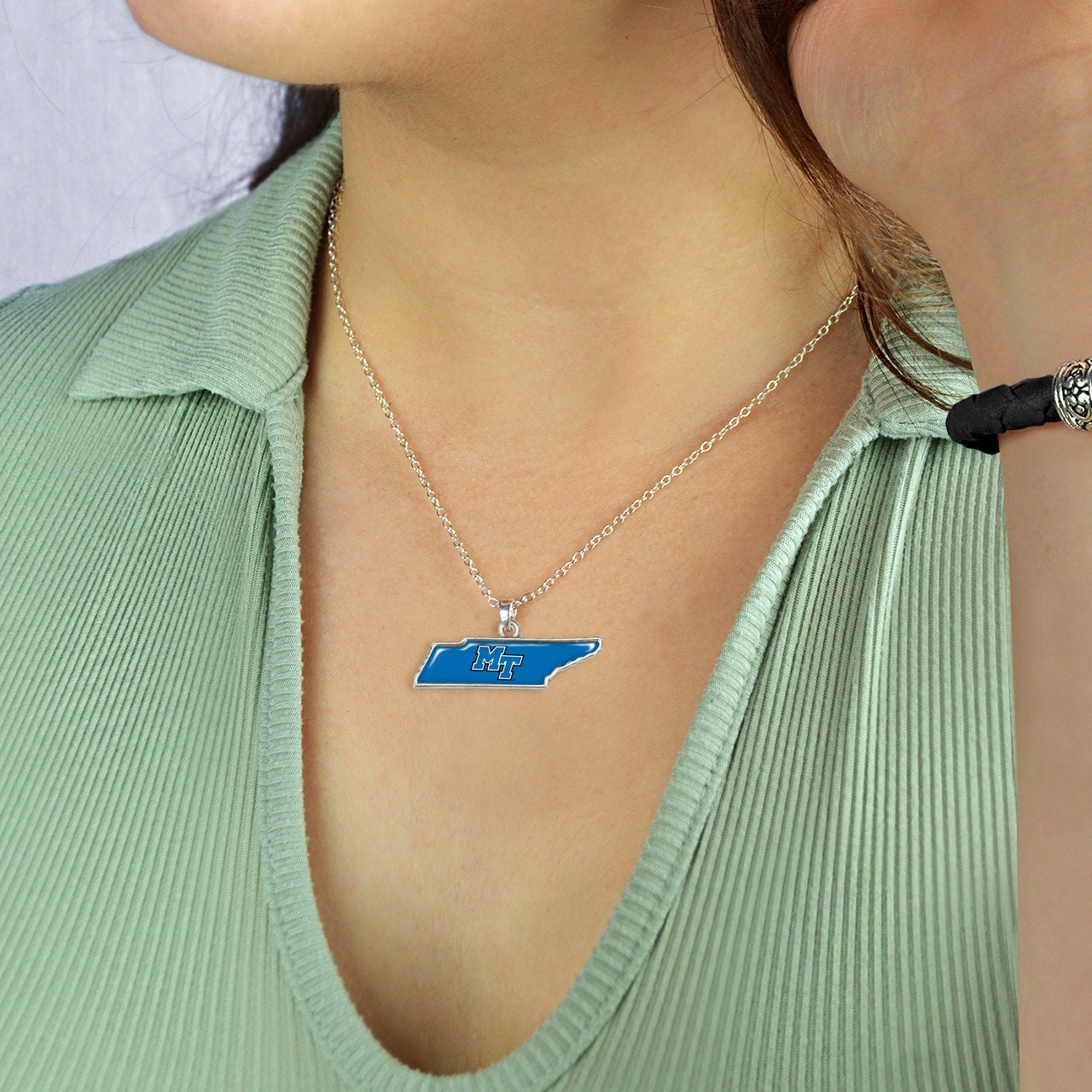 Officially Licensed MIDDLE TENNESSEE Blue Raiders Necklace - State of Mine Logo Pewter Charm Sterling Plated - MTSU Middle Tennessee State